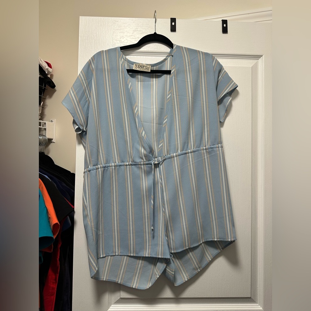Blue, white, tan stripped romper.